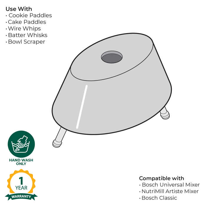 Technical illustration of the NutriMill metal whip driver with warranty and care information