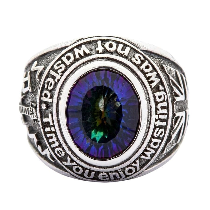 A unique, unisex Mystic Quartz class ring with a powerful rock and roll theme, made from solid sterling silver.
