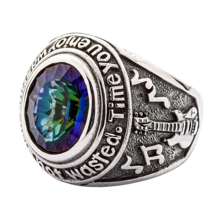 The side of a men's rock and roll ring, featuring a beautifully detailed electric guitar and musical notes.
