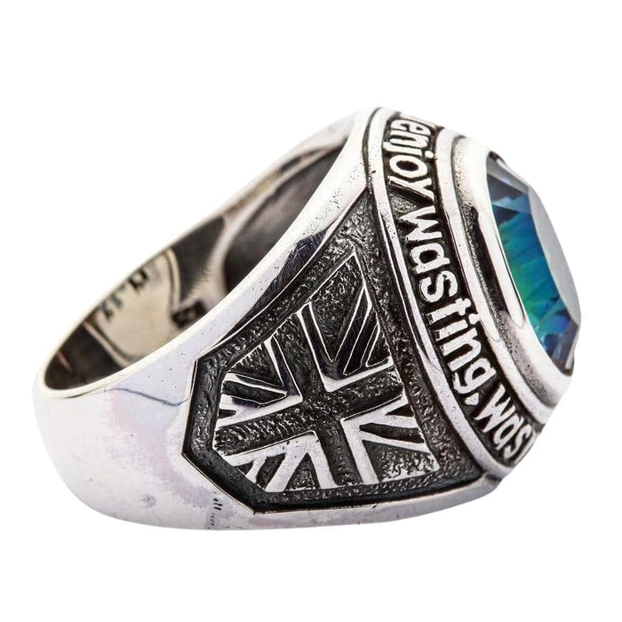 A detailed side view of a Union Jack ring showing the iconic British flag, part of a premium rock and roll class ring.