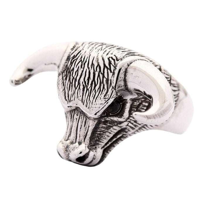 A premium men's biker ring designed as a realistic and formidable bull's head with polished horns.