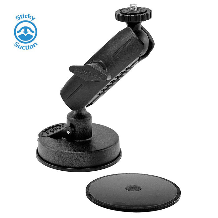 A black Camera Desk or Window Suction Mount for MEVO Live Streaming and Live Video Camera with an adjustable arm, round adhesive base, and a blue “Sticky Suction” label at the top left—ideal for live streaming setups.