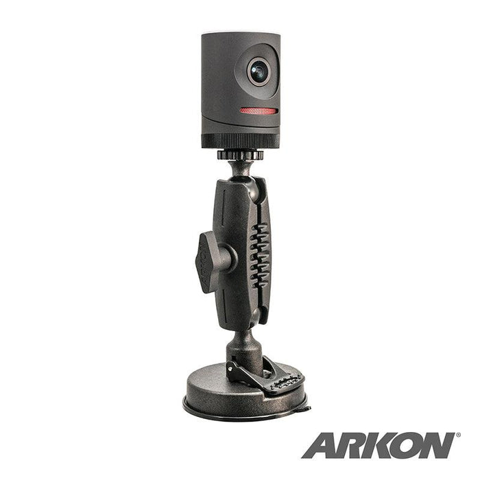 A black Camera Desk or Window Suction Mount for MEVO Live Streaming and Live Video Camera, with a large suction cup base and Arkon logo, holds a small camera—perfect for mounting your MEVO camera on desks or windows.