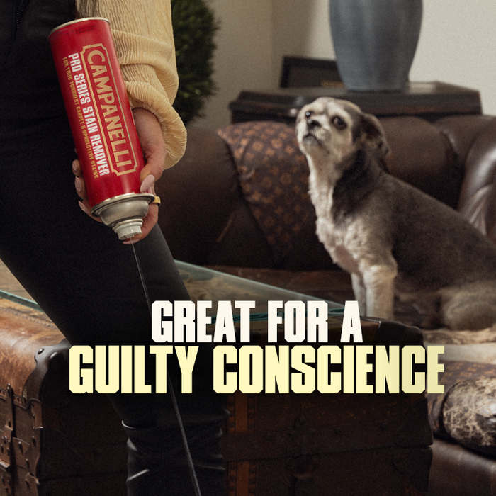 Person holding a red Campbelly product with a dog sitting on a couch in the background.