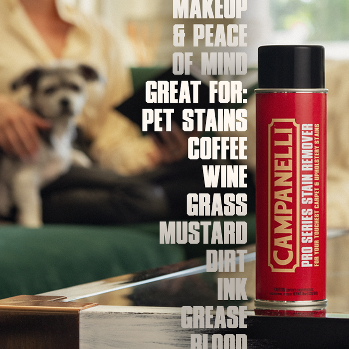 Red can of Campanelli stain remover with a blurred background of a person and dog.