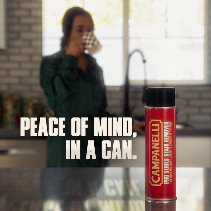 Red can of Campanelli stain remover with a blurred kitchen background