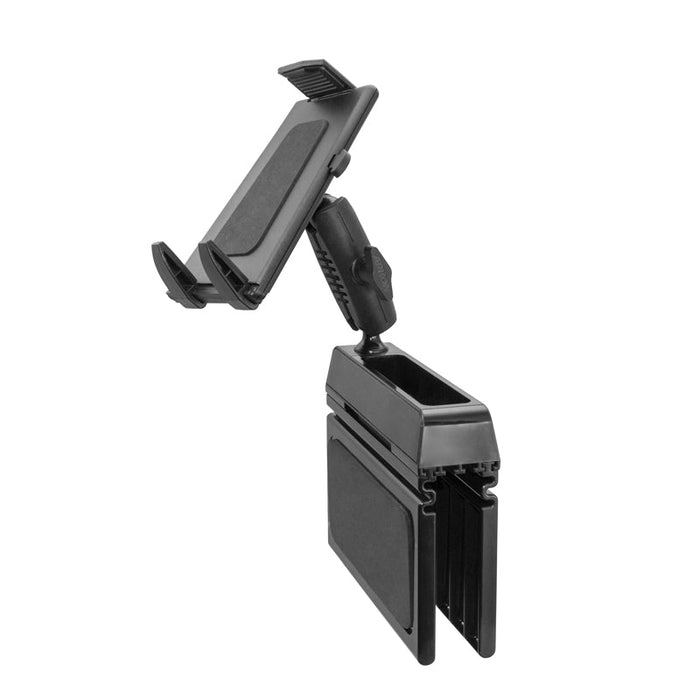 The Car Seat Console Wedge Tablet Mount is a black, adjustable car tablet holder with an extended arm and an open rectangular storage compartment at the base, shown isolated on white—ideal for mounting tablets in your car.