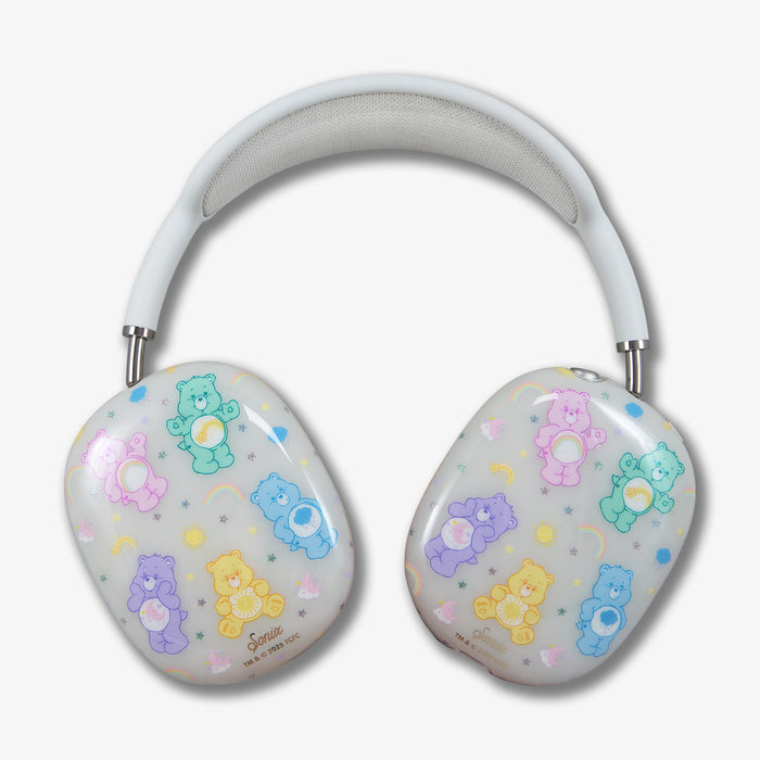 Top view of AirPods Max cover featuring pastel Care Bears print on ear cups and white mesh headband on white background