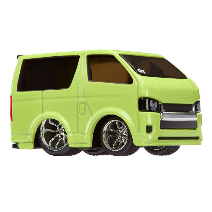 Green toy van with large wheels on a white background