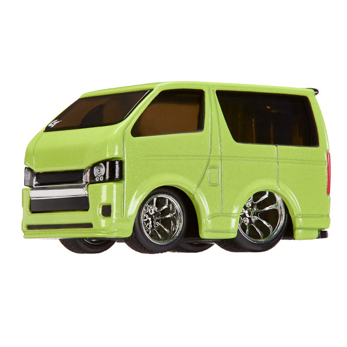 Green toy van with large wheels on a white background