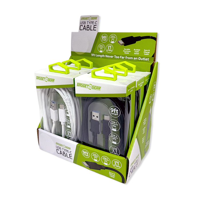 Charging Cable USB-A-to-USB-C 9FT - 6 Pieces Per Retail Ready Display 26183 GADGET GEAR