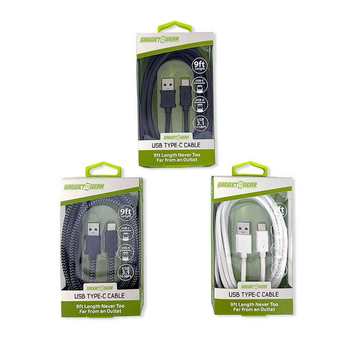Charging Cable USB-A-to-USB-C 9FT - 6 Pieces Per Retail Ready Display 26183 GADGET GEAR
