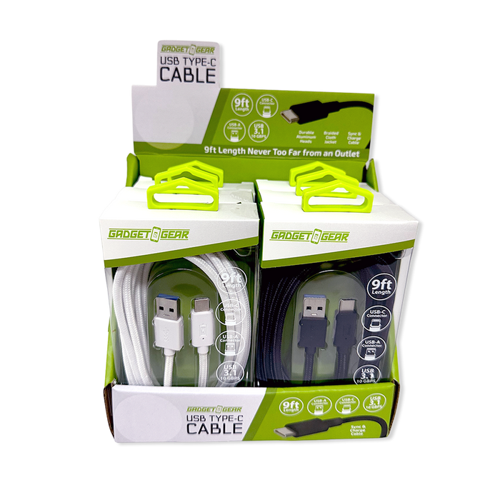 Charging Cable USB-A-to-USB-C 9FT - 6 Pieces Per Retail Ready Display 26183 GADGET GEAR
