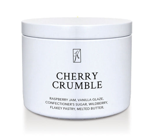 'Cherry Crumble' scented Candle Tin by Kringle Candle on a white background