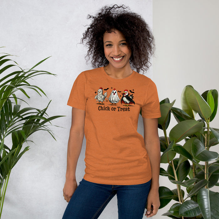 Silly chicken Halloween graphic shirt with adorable costume art