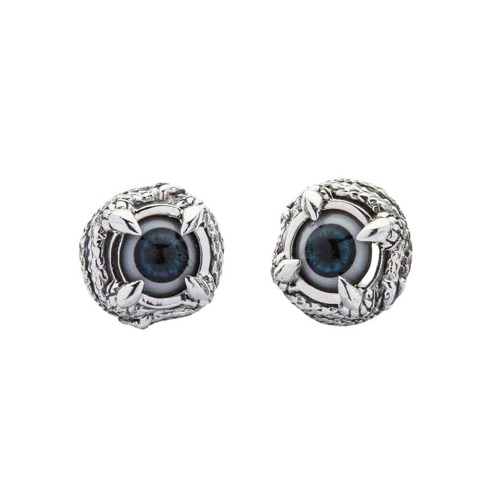 Pair of claw eyeball sterling silver gothic stud earrings front view showing blue eye centerpiece and detailed silver claw setting