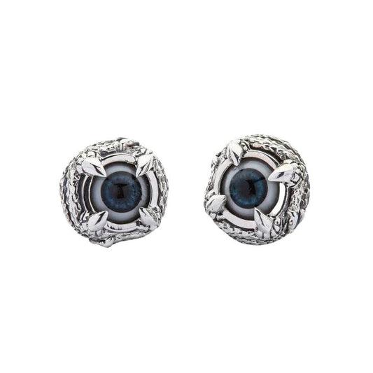 Pair of claw eyeball sterling silver gothic stud earrings front view showing blue eye centerpiece and detailed silver claw setting
