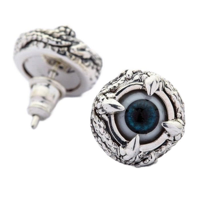 Side profile of gothic eyeball stud earrings showing 7mm thickness and butterfly push-back closure
