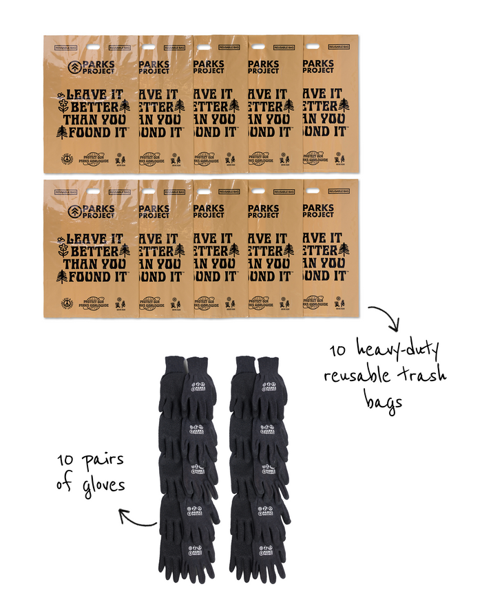 Shop Clean Up Crew Kit - 10 Pack Inspired by National Parks — 10 heavy-duty reusable trash bags and 10 pairs of gloves | black-and-natural