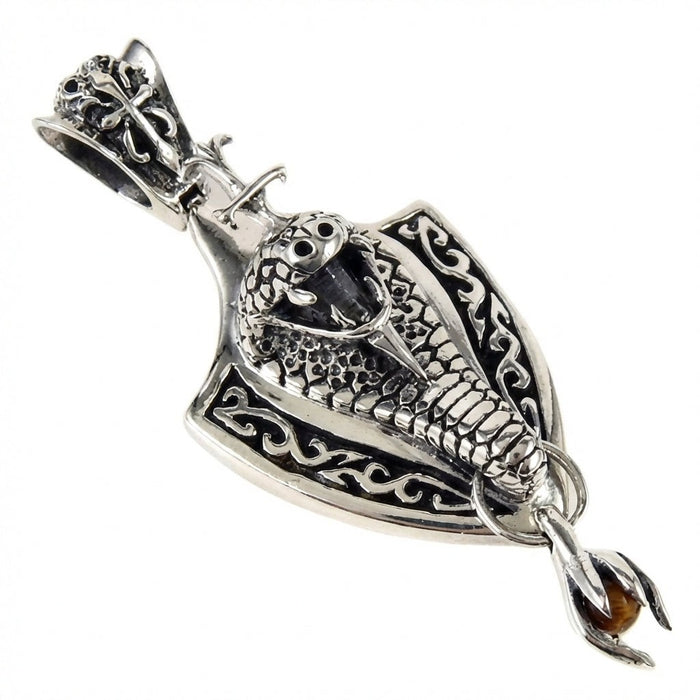 925 sterling silver cobra shield pendant with tiger eye stone showing detailed snake scales and gothic engravings