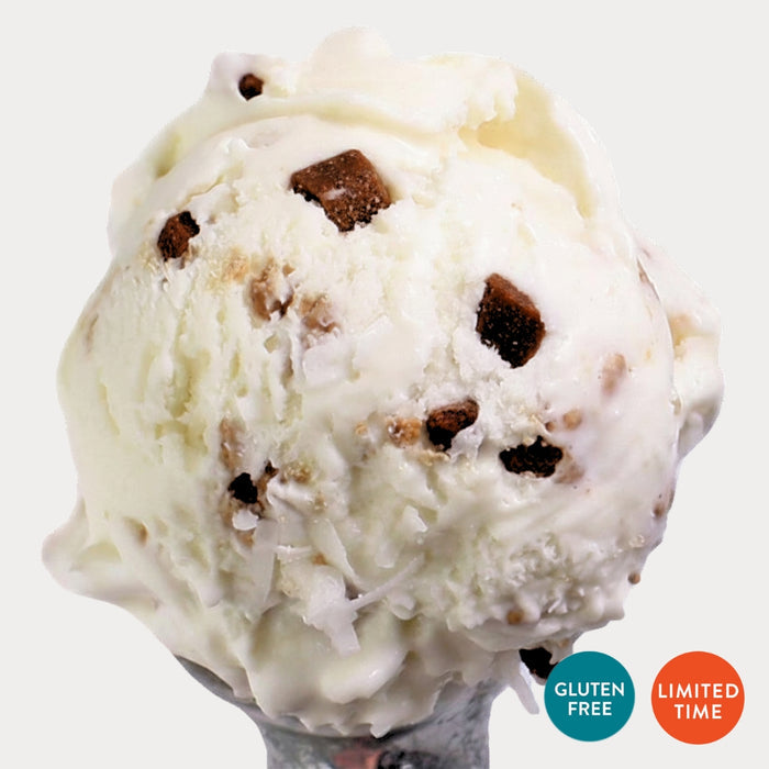 A close-up of a scoop of vanilla ice cream with chocolate chunks and coconut flakes, shown on a light gray background with 'GLUTEN FREE' and 'LIMITED TIME' badges in the lower right. The flavor is Coconut Almond Almond.