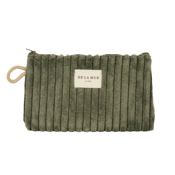Olive green corduroy small makeup bag from DE LA MUR LINE US Inc, featuring a compact design and soft textured fabric.