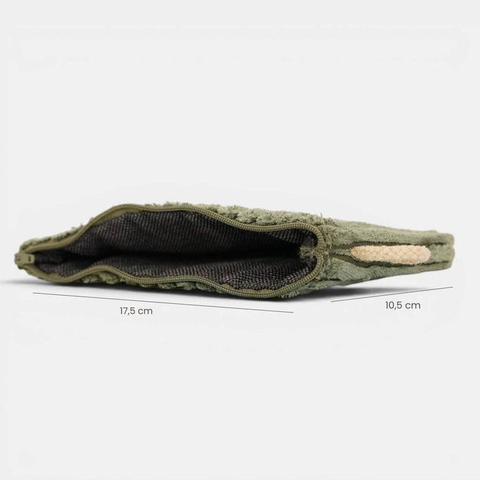 Olive green corduroy small makeup bag with zipper closure, stylish and compact storage pouch by DE LA MUR LINE US Inc.