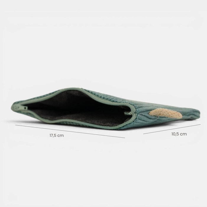 Teal corduroy small makeup bag from DE LA MUR LINE US Inc, featuring a compact design with a zipper closure.