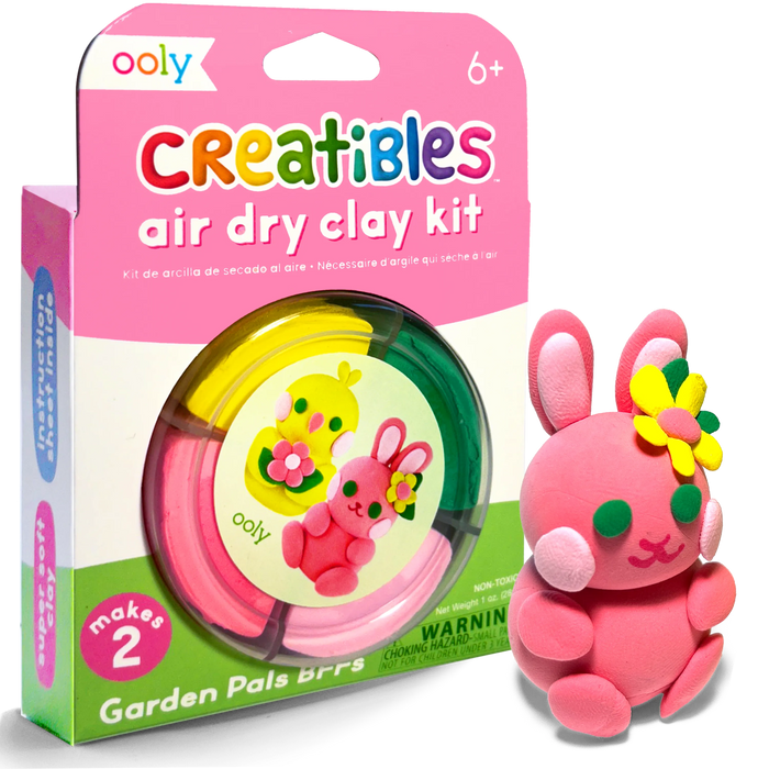 Quarter angle of packaging and clay bunny from Creatibles Mini Air Dry Clay Kit - Garden Pals BFFs