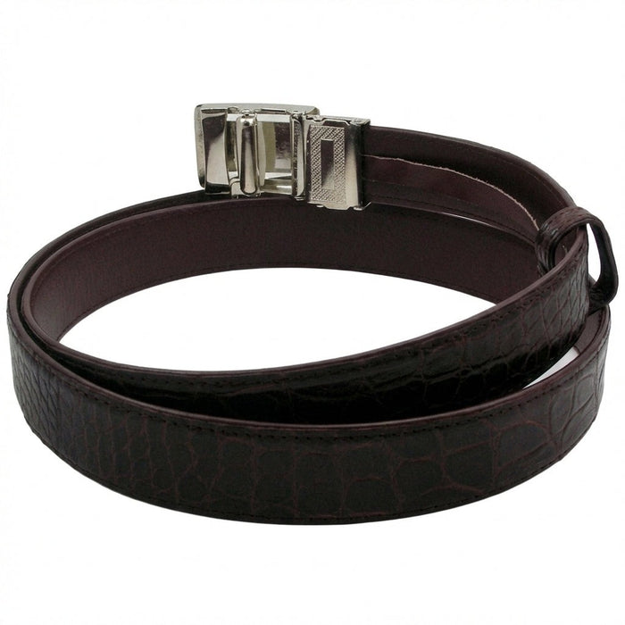 Luxury men's crocodile leather belt with polished silver automatic buckle and matching leather keeper