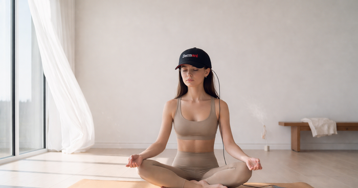 Woman meditating on a yoga mat in a bright room with a white wall and large window.