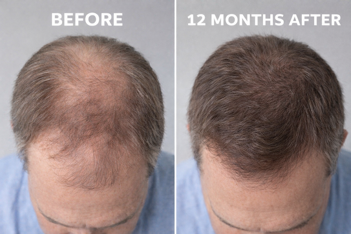 Before and after comparison of hair growth on a person's head, showing a significant increase in hair density.