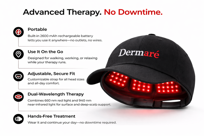 Black cap with LED lights displaying Dermare branding on a white background with text about the product's features.