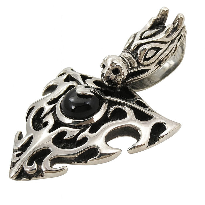 An angled view of the dragon shield pendant, highlighting the dragon head bail and gothic details.