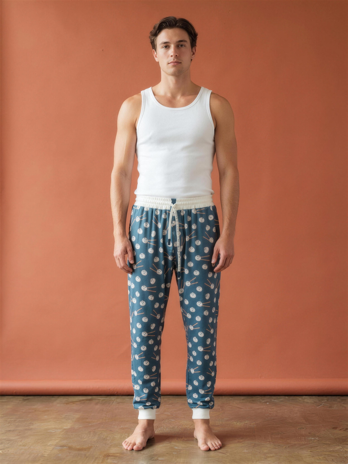 Dumpling Pants unisex, blue dumpling-print lounge pants full length on model - Slouch Potato