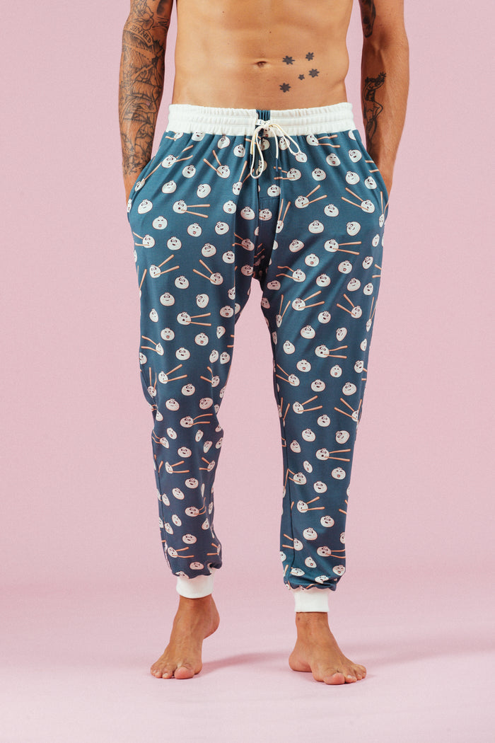 Dumpling Pants mens blue dumpling-print lounge pants, front view - Slouch Potato Pizza & Dumplings