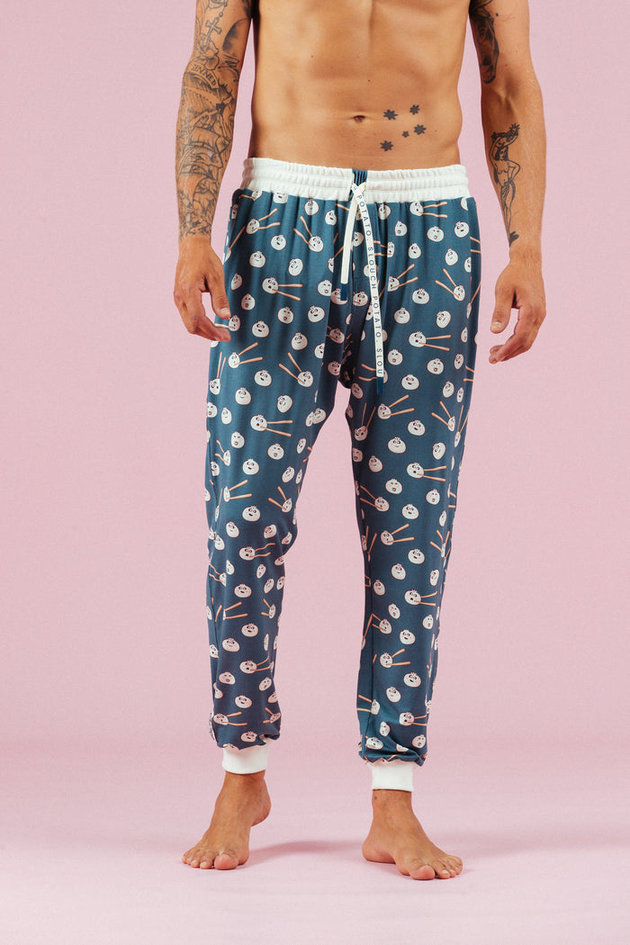 Dumpling Pants mens blue dumpling-print lounge pants, full length relaxed fit - Slouch Potato Pizza & Dumplings