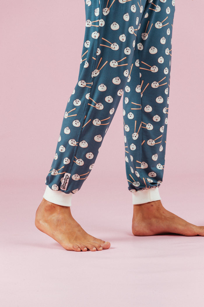 Dumpling Pants mens blue dumpling-print loungewear with drawstring waist - Slouch Potato Pizza & Dumplings