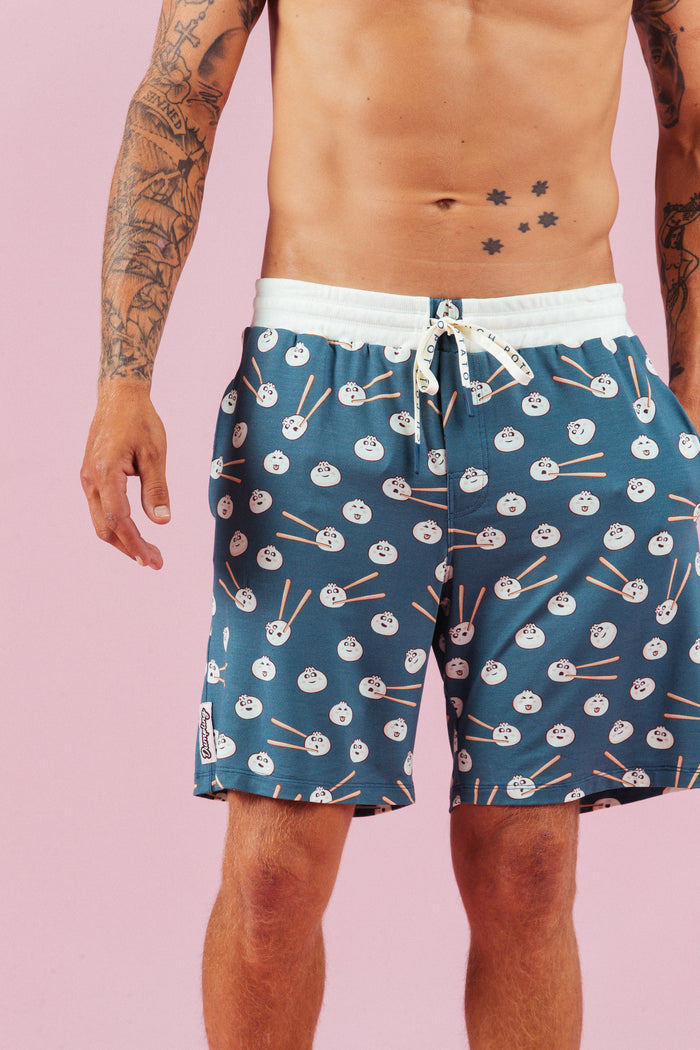 Dumpling Shorts mens blue dumpling-print lounge shorts, front view - Slouch Potato Pizza & Dumplings
