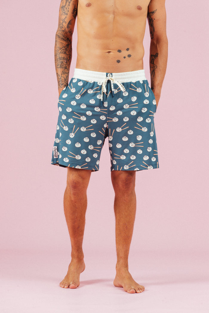 Dumpling Shorts mens blue dumpling-print lounge shorts, relaxed mid-thigh fit - Slouch Potato Pizza & Dumplings