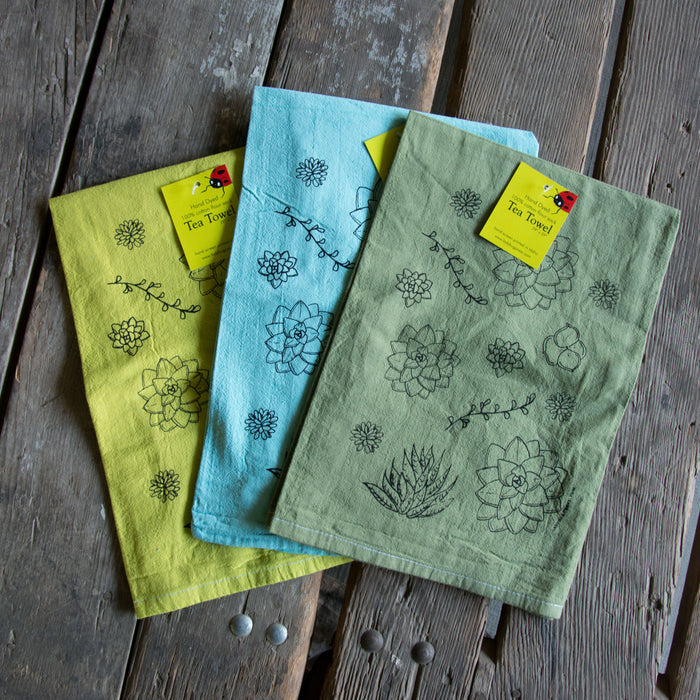 Dyed Succulent Tea Towel, Screen Printed flour sack towel