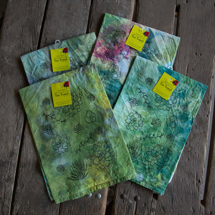 Dyed Succulent Tea Towel, Screen Printed flour sack towel