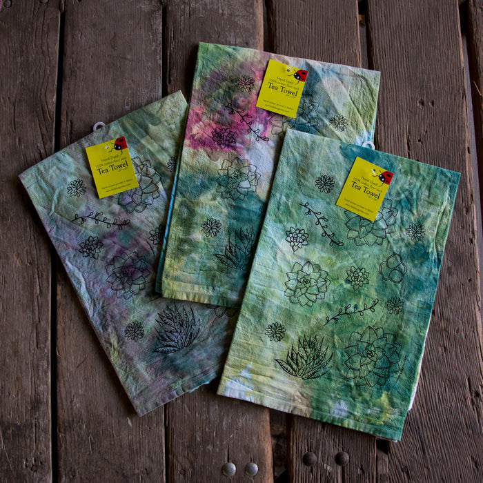 Dyed Succulent Tea Towel, Screen Printed flour sack towel