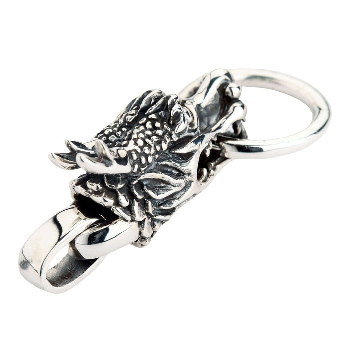 A close-up macro shot of the bail detailed on the sterling silver dragon pendant.