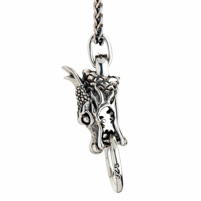 A side profile of the men's Eastern dragon pendant, showing the ring gripped in its jaws.