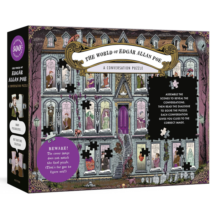 Puzzle featuring Edgar Allan Poe with artwork and quote, produced by Penguin Random House LLC, suited for literary puzzle enthusiasts.