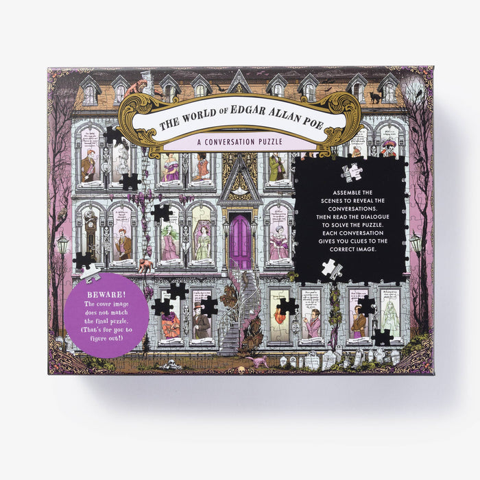 Penguin Random House LLC Edgar Allan Poe conversation puzzle with illustrated design and puzzle pieces laid out on a surface.