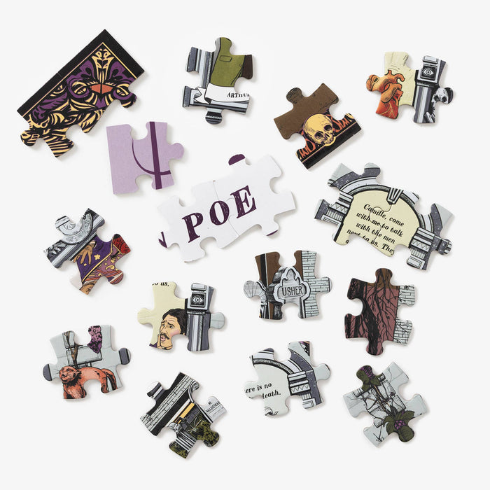 Puzzle featuring Edgar Allan Poe conversation scene, by Penguin Random House LLC, with intricate artwork and Poe-themed design.