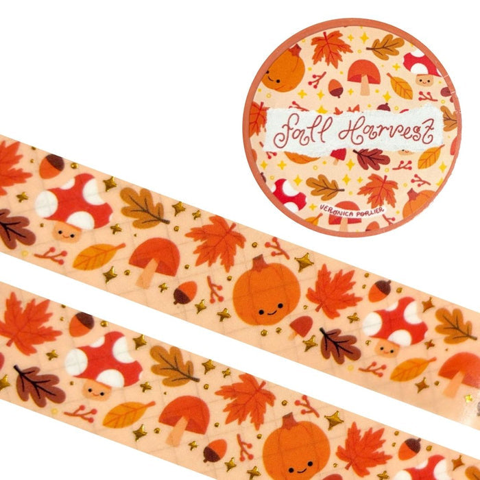 Gold foil washi tape with fall harvest design from Veronica Porlier Illustrations, featuring warm autumn leaves and seasonal motifs