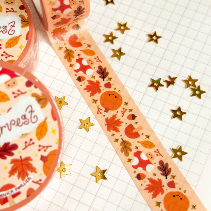 Gold foil washi tape with fall harvest design by Veronica Porlier Illustrations, featuring autumn-themed patterns and rich gold accents.